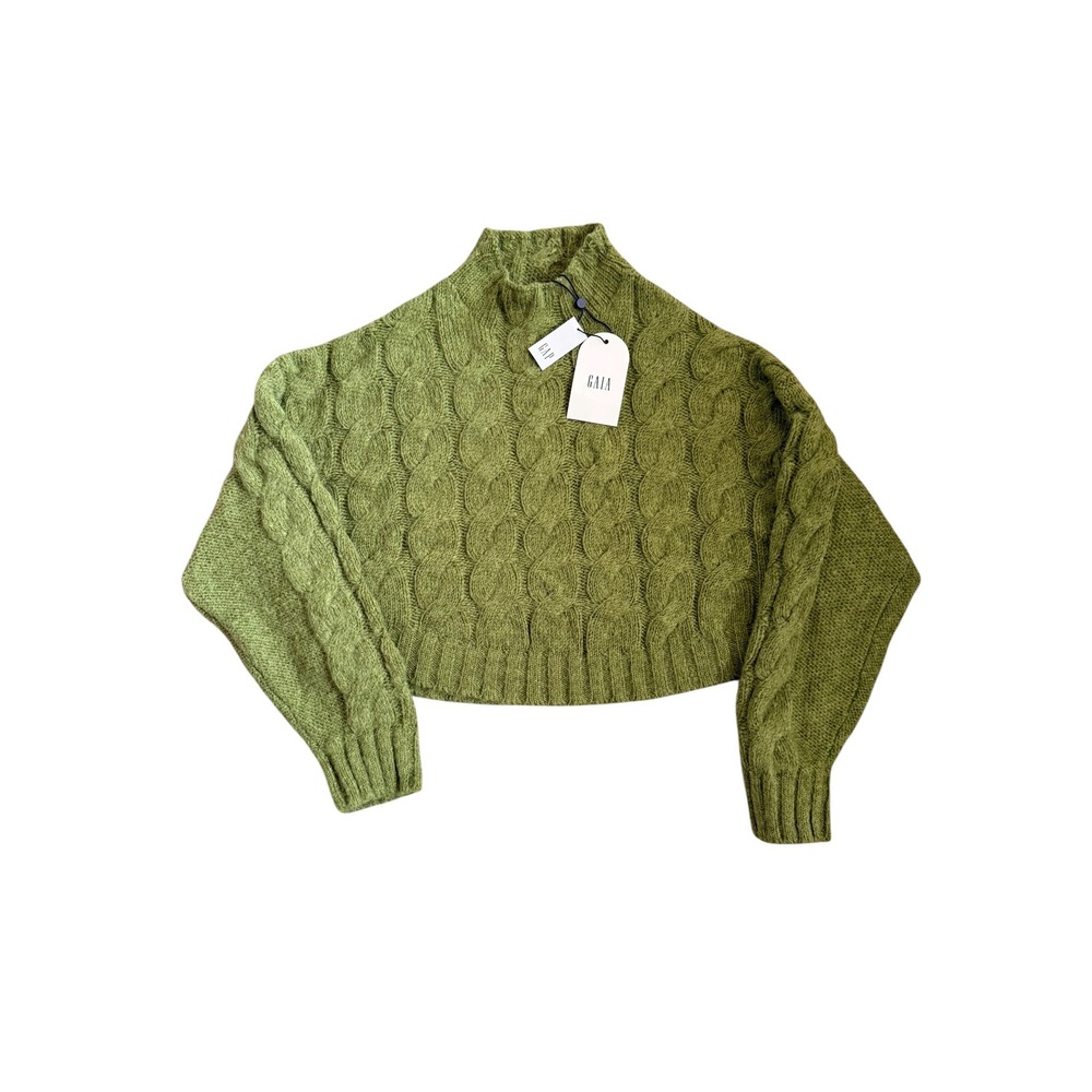 GAIA for Gap Green Cable Knit Cropped Sweater Mock Neck Wool Alpaca XL NEW